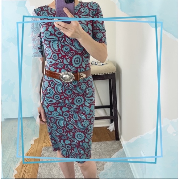 💕Beautiful Blue & Red Paisley Lularoe Julia Pencil Dress💕 - Picture 2 of 8